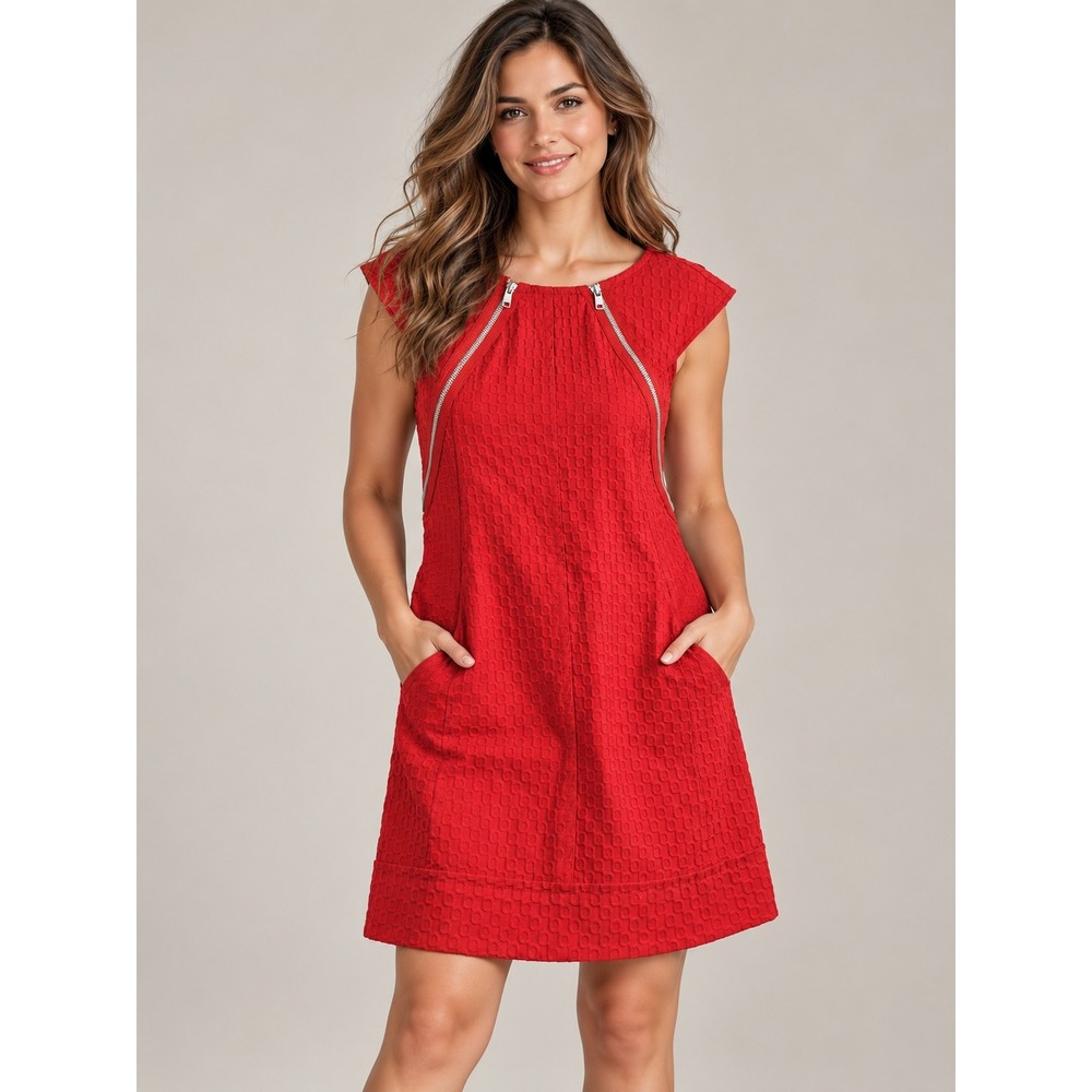 Retro Vibes Red Textured Zip Shift Dress Cap Sleeve Pattern Pockets Sz 6